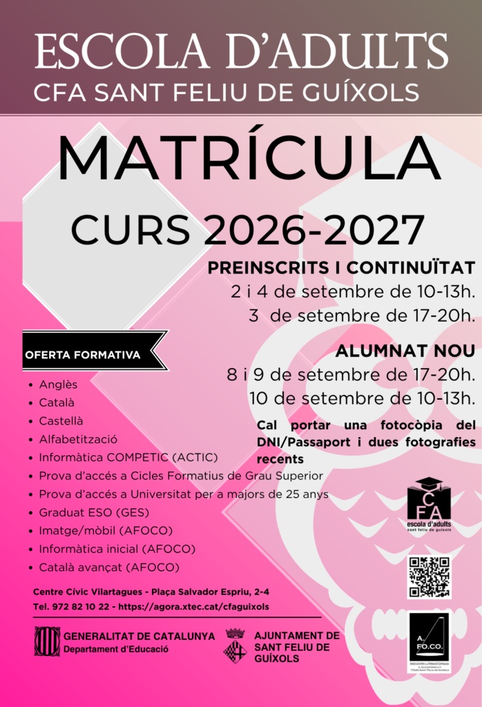 Obertura del període de matrícula al Centre de Formació d'Adults de Sant Feliu de Guíxols per al curs 2026-2027