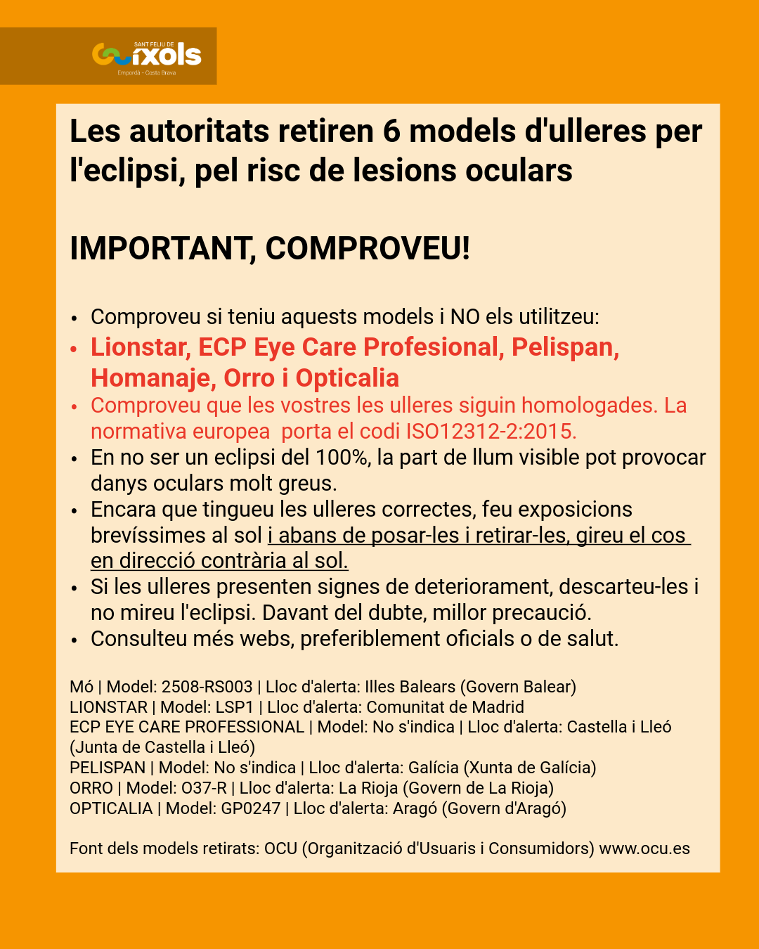 Les autoritats retiren 6 models d'ulleres per l'eclipsi, pel risc de lesions oculars (són ja 7)