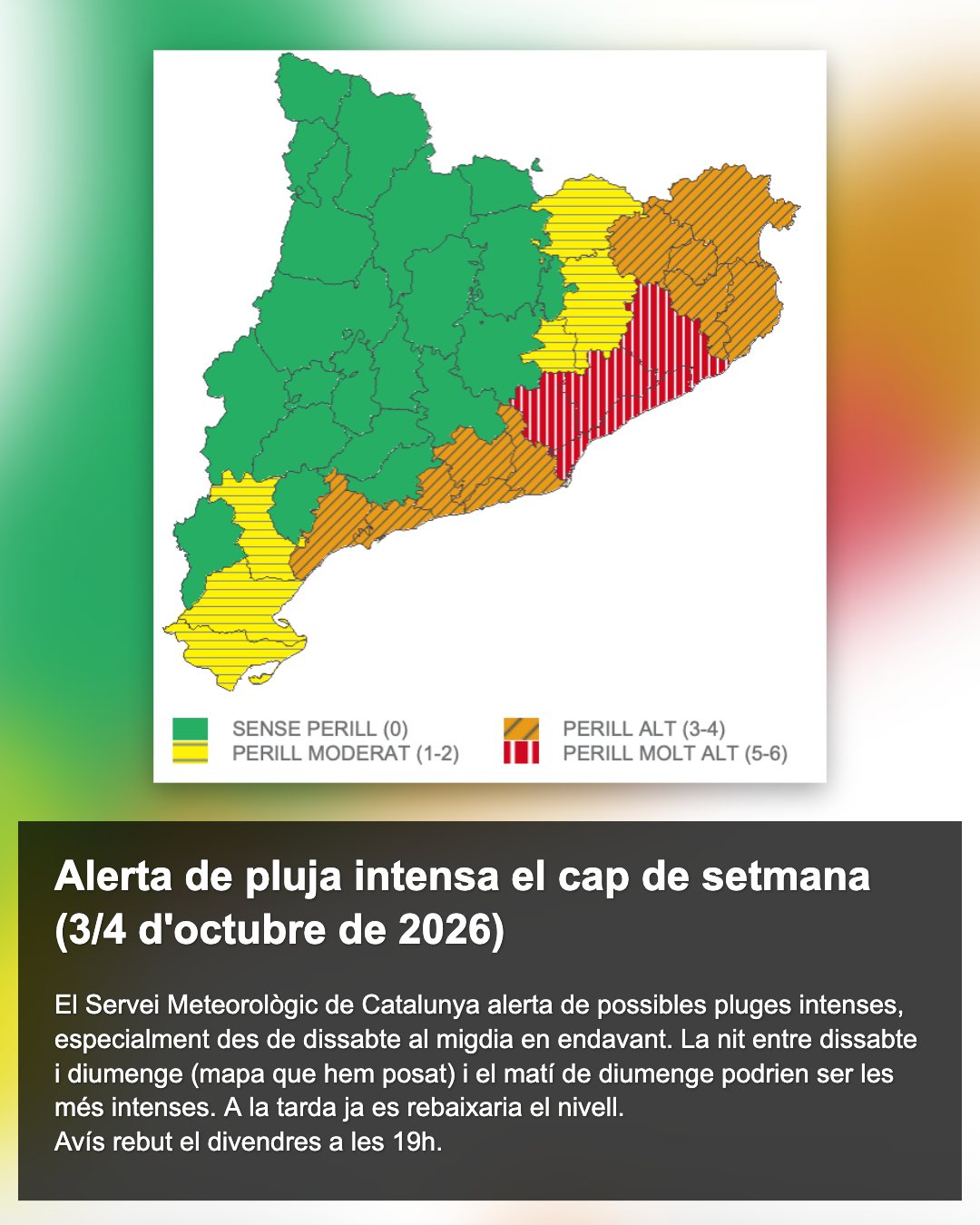 Alerta de pluja intensa el cap de setmana (3/4 d'octubre de 2026)